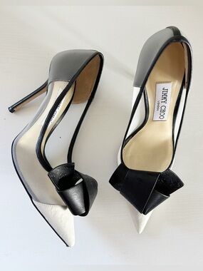 Jimmy Choo Lani Black White Bow Heels JC Logo Cap Toe Size EU 37.5
